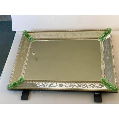Rectangular Venetian Murano Glass Mirror Featuring Green Floreal Hand Carving