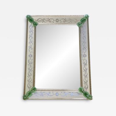 Rectangular Venetian Murano Glass Mirror Featuring Green Floreal Hand Carving