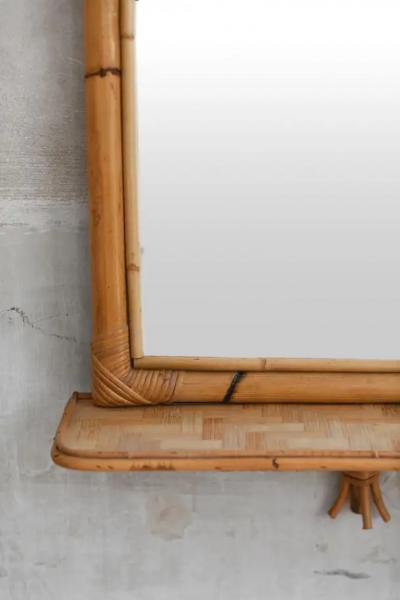 Rectangular mirror with pressed bamboo shelf and bamboo cane frame Italy 1970