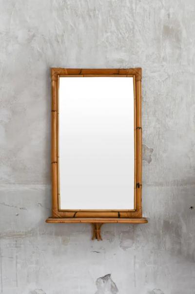Rectangular mirror with pressed bamboo shelf and bamboo cane frame Italy 1970