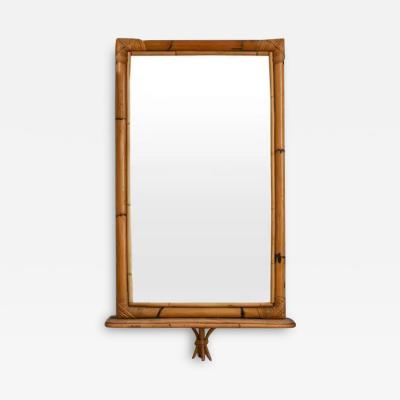 Rectangular mirror with pressed bamboo shelf and bamboo cane frame Italy 1970