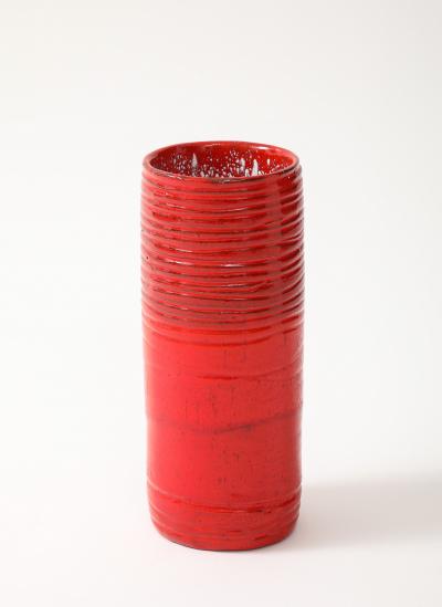 Red Enamel Glaze Ceramic Vase Striated Decoration France c 1950 signed