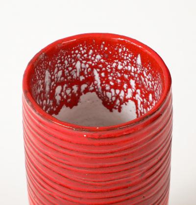Red Enamel Glaze Ceramic Vase Striated Decoration France c 1950 signed