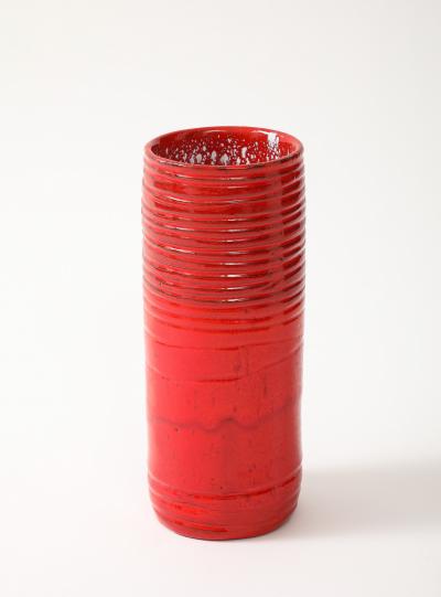 Red Enamel Glaze Ceramic Vase Striated Decoration France c 1950 signed