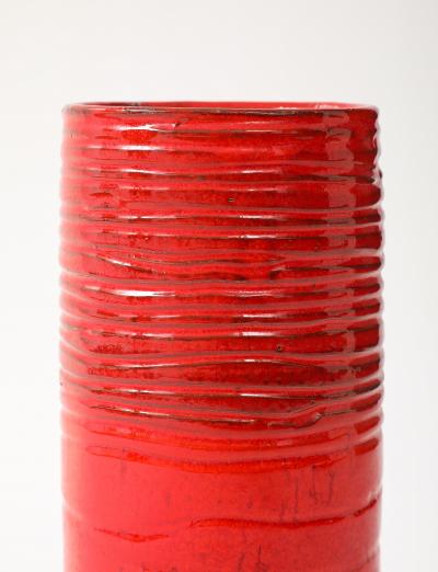 Red Enamel Glaze Ceramic Vase Striated Decoration France c 1950 signed