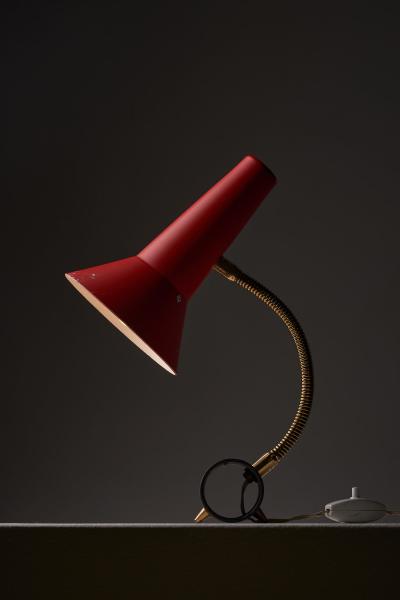 Red Metal Table Lamp with Brass Gooseneck