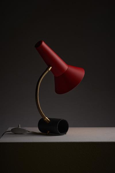 Red Metal Table Lamp with Brass Gooseneck
