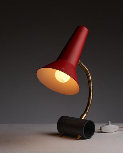Red Metal Table Lamp with Brass Gooseneck