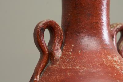 Red and Black Studio Pottery Vase with Sculptural Handles Mid 20th Century