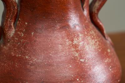 Red and Black Studio Pottery Vase with Sculptural Handles Mid 20th Century