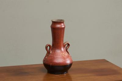 Red and Black Studio Pottery Vase with Sculptural Handles Mid 20th Century
