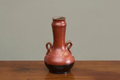 Red and Black Studio Pottery Vase with Sculptural Handles Mid 20th Century