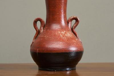 Red and Black Studio Pottery Vase with Sculptural Handles Mid 20th Century
