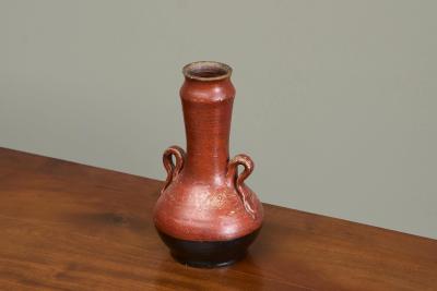 Red and Black Studio Pottery Vase with Sculptural Handles Mid 20th Century