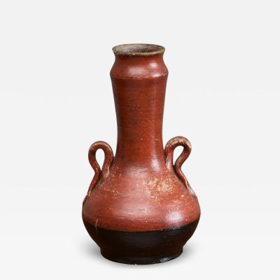 Red and Black Studio Pottery Vase with Sculptural Handles Mid 20th Century