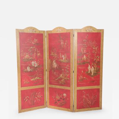 Red and Gold Chinoiserie Three Panel Screen