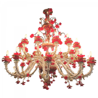 Red and Gold Sumptuous Murano Glass Chandelier 1980s