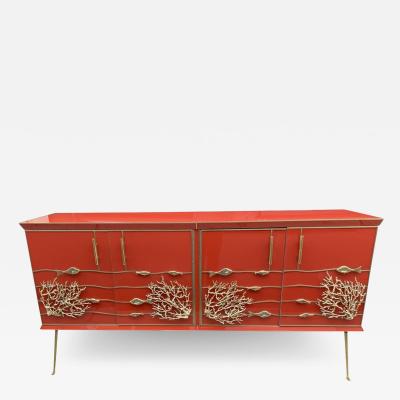 Red glass sideboard with bronze aquatic decoration Murano around 2000
