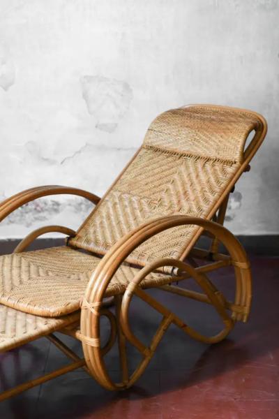 Reed chaise longue with armrests and footrest Italy 1980