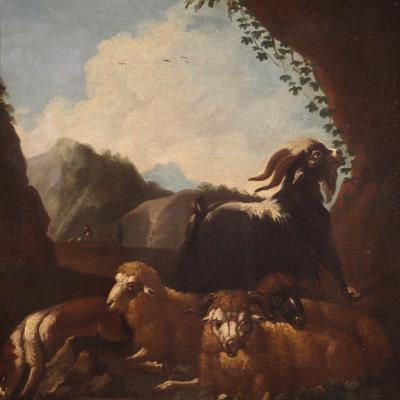 Refined bucolic landscape painting from the 17th century