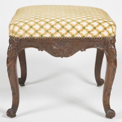 Regence Oak Carved Stool with Nailhead Upholstered Seat
