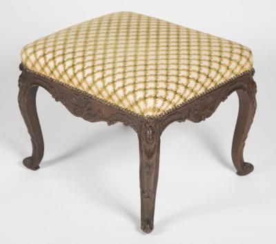 Regence Oak Carved Stool with Nailhead Upholstered Seat