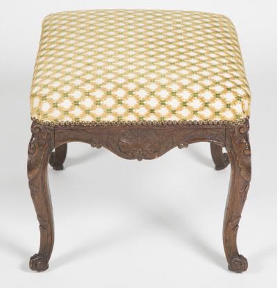 Regence Oak Carved Stool with Nailhead Upholstered Seat