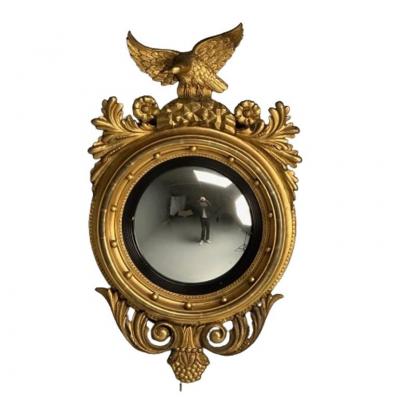 Regency Circular Convex Wall Mirror Giltwood Eagle Motif USA 1950s