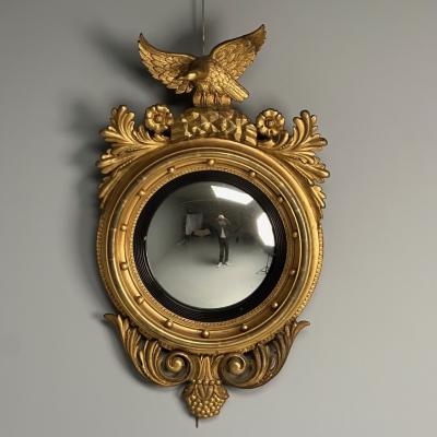 Regency Circular Convex Wall Mirror Giltwood Eagle Motif USA 1950s
