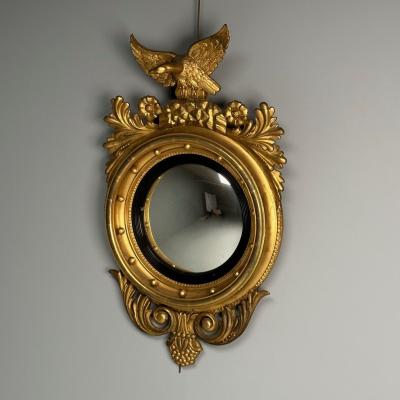 Regency Circular Convex Wall Mirror Giltwood Eagle Motif USA 1950s