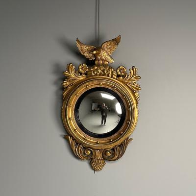 Regency Circular Convex Wall Mirror Giltwood Eagle Motif USA 1950s