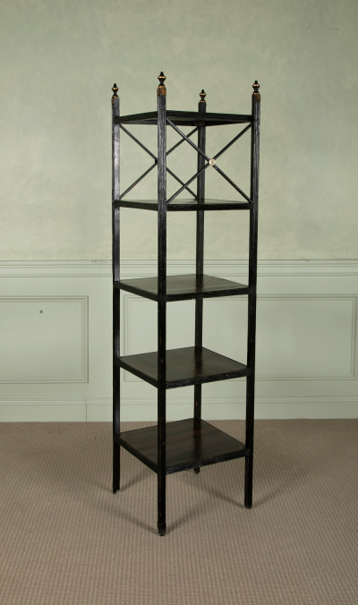 Regency Ebonized Five Tier Etagere with Faux Rosewood Shelves Finials