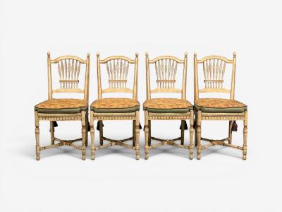 Regency Four Dining Chairs Painted Wood Straw Fabric USA 1940s