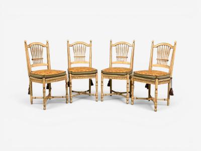 Regency Four Dining Chairs Painted Wood Straw Fabric USA 1940s