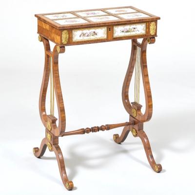 Regency Gilt Metal Mounted Tulipwood and Inlaid Porcelain Worktable