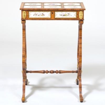Regency Gilt Metal Mounted Tulipwood and Inlaid Porcelain Worktable