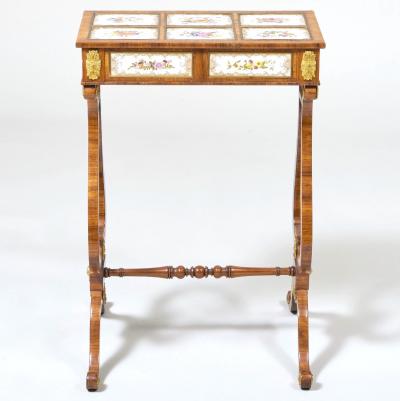 Regency Gilt Metal Mounted Tulipwood and Inlaid Porcelain Worktable