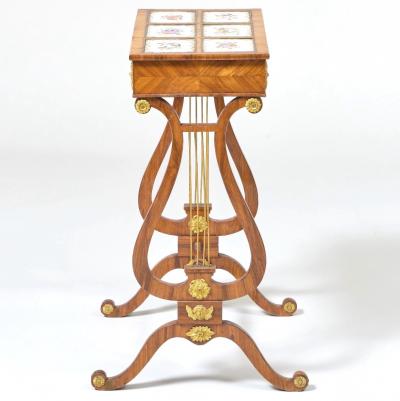 Regency Gilt Metal Mounted Tulipwood and Inlaid Porcelain Worktable