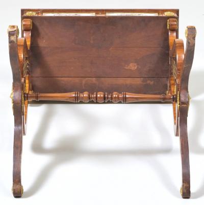 Regency Gilt Metal Mounted Tulipwood and Inlaid Porcelain Worktable