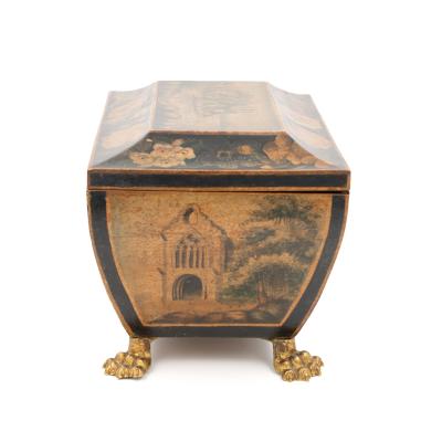 Regency Painted And Penwork Bombe Box on Gilt Lion Paw Feet English circa 1820
