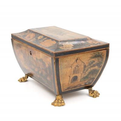 Regency Painted And Penwork Bombe Box on Gilt Lion Paw Feet English circa 1820