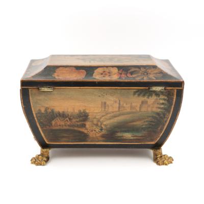 Regency Painted And Penwork Bombe Box on Gilt Lion Paw Feet English circa 1820