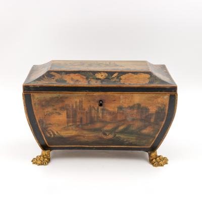 Regency Painted And Penwork Bombe Box on Gilt Lion Paw Feet English circa 1820