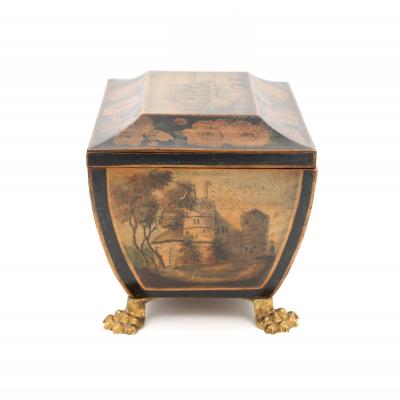 Regency Painted And Penwork Bombe Box on Gilt Lion Paw Feet English circa 1820