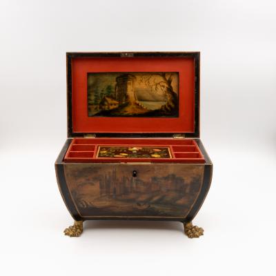Regency Painted And Penwork Bombe Box on Gilt Lion Paw Feet English circa 1820