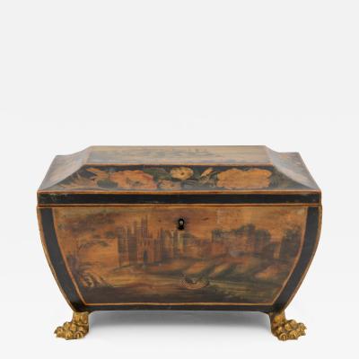 Regency Painted And Penwork Bombe Box on Gilt Lion Paw Feet English circa 1820