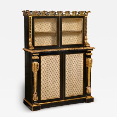 Regency Period Black and Gilt Painted Bookcase Cabinet 19th Century