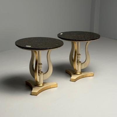 Regency Side Tables Pedestals Ivory Paint Giltwood Marble Tops USA 1960s