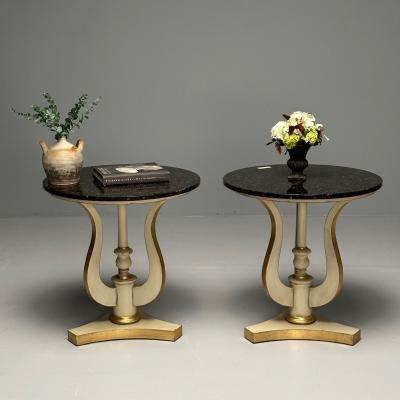 Regency Side Tables Pedestals Ivory Paint Giltwood Marble Tops USA 1960s