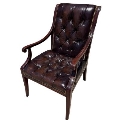 Regency Style English Tufted Leather Mahogany Arm Chair 1 of 2